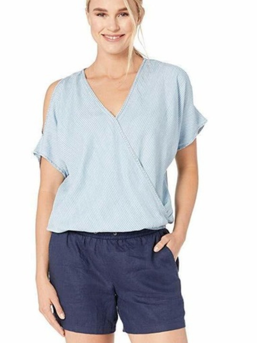 lovestitch Light Blue Striped Cold-Shoulder Wrap Blouse